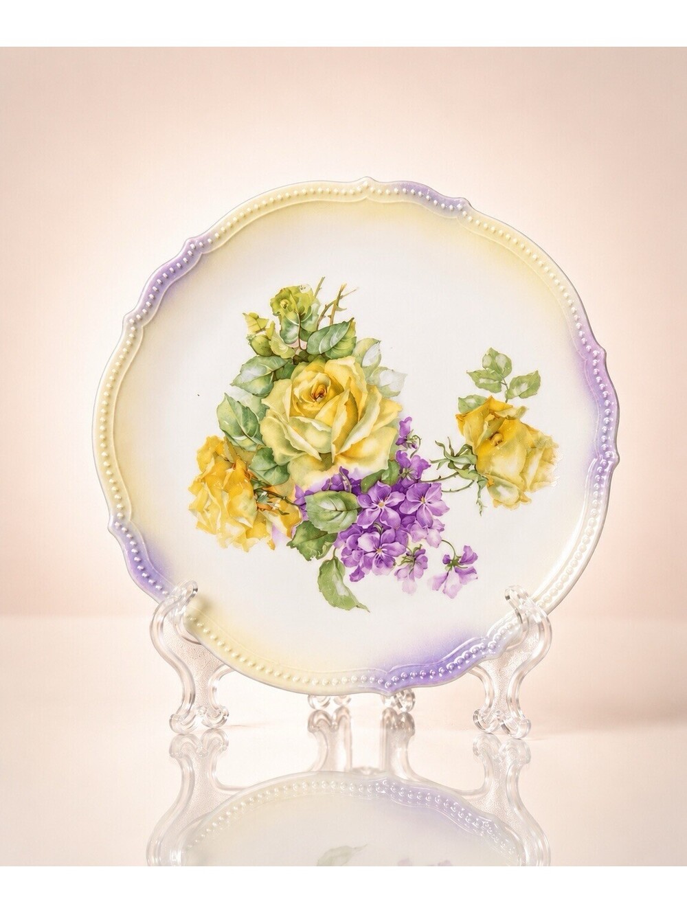 PK Silesia Koenigszelt 1910s Yellow Roses Violet Collector Cabinet Plate, 8”